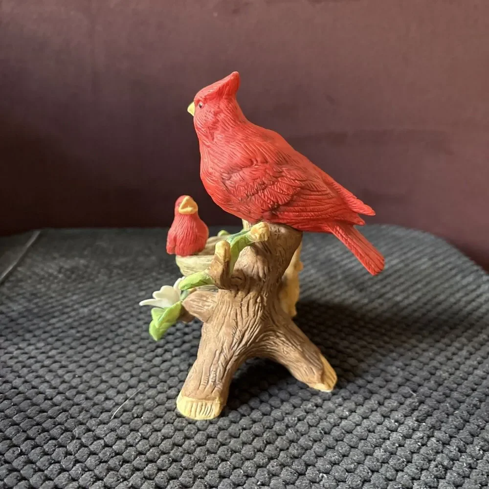 Vintage Cardinals Porcelain Figurine Mother Baby Chicks On a Log and Nest